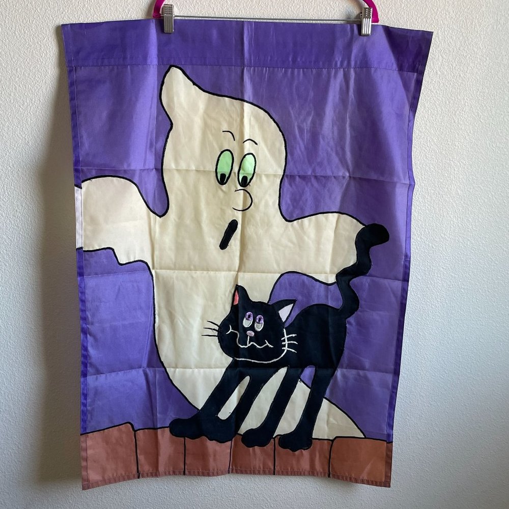 Halloween Garden House Flag Ghost Black Cat Trick or Treat Purple Outdoor 27X38 - Picture 2 of 11